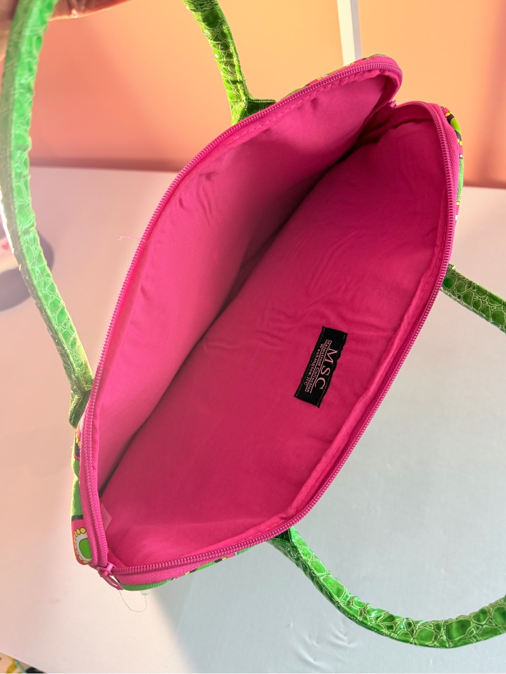 Green and Pink Patterned Laptop Bag with Initial Accent - Picture 2 of 5